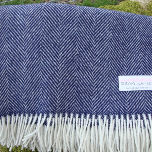 Navy Herringbone Merino Lambswool Blanket Throw 01