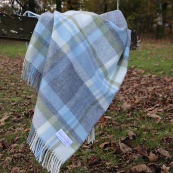 Portree Duck Egg and Grey Check Merino Wool Throw