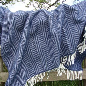 Navy Blue Fishbone Pure New Wool Blanket