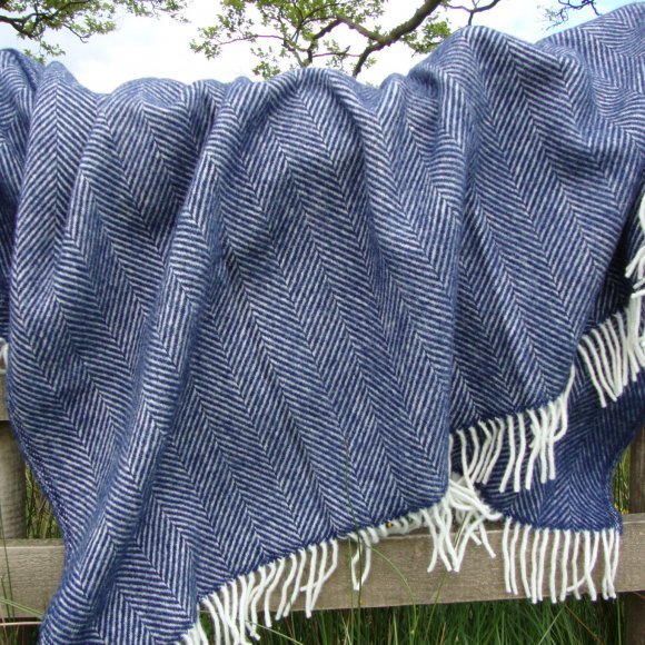 Navy Blue Fishbone Pure New Wool Blanket Throw 01