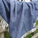 Navy Blue Fishbone Pure New Wool Blanket Throw 03