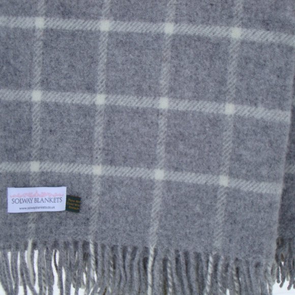 Soft Grey Chequered Check Pure New Wool Blanket 01