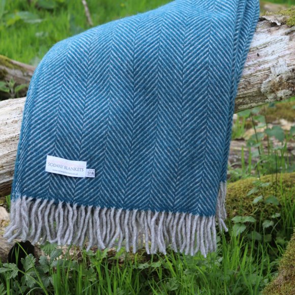 Teal Herringbone Pure New Wool Blanket Throw 01