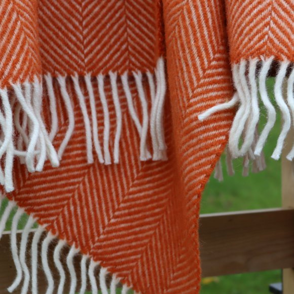 Pumpkin Orange Fishbone Pure New Wool Blanket Throw 01